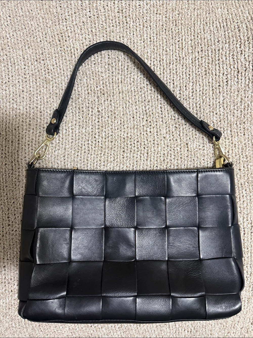 Italian Black Woven Shoulder Bag with Gold Hardware
